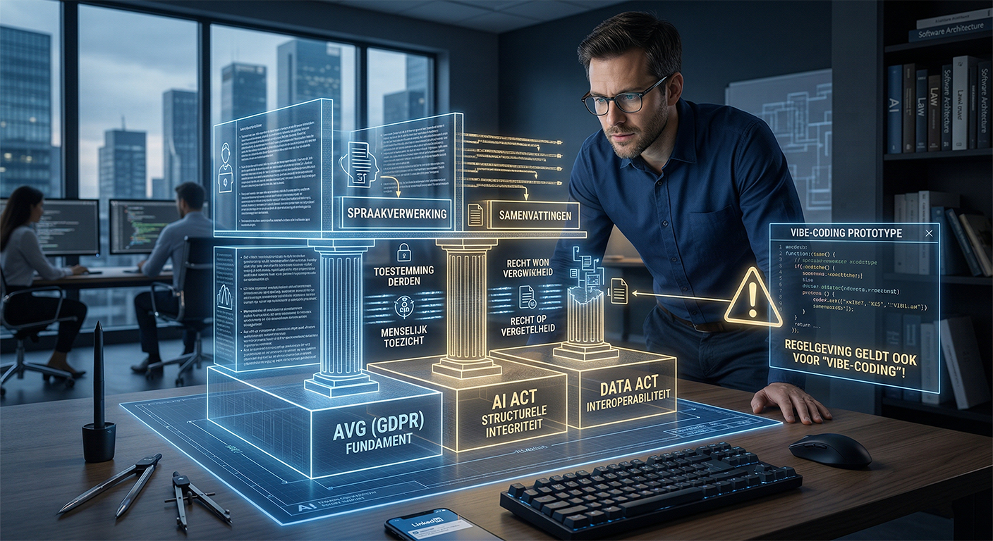 Een visualisatie van de architecturale uitdagingen voor compliant AI, met fundamentele zuilen voor de AVG, AI Act en Data Act, en een duidelijke waarschuwing dat regelgeving ook geldt voor 'vibe-coding'.