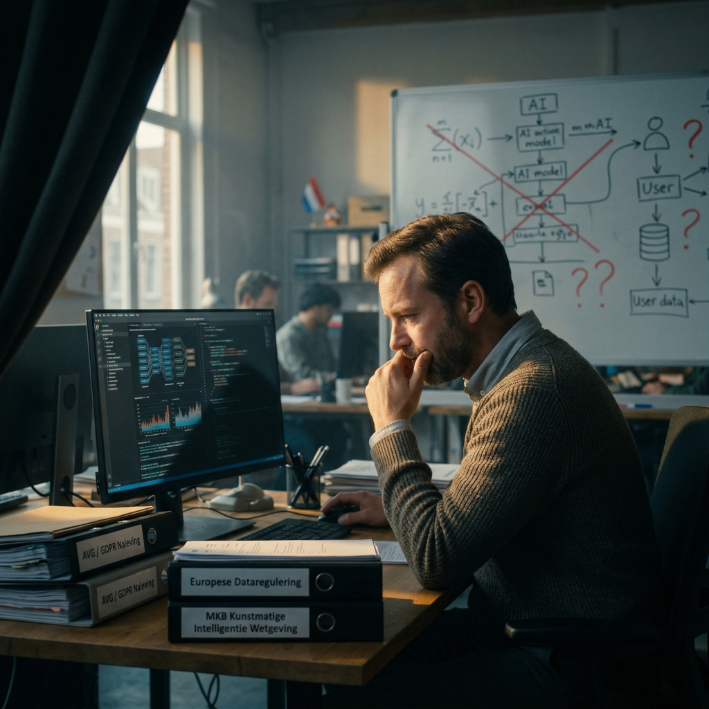 Een man in een Nederlands kantoor bestudeert AI-visualisaties op zijn computer, omringd door mappen over Europese dataregulering en complexe schema's.