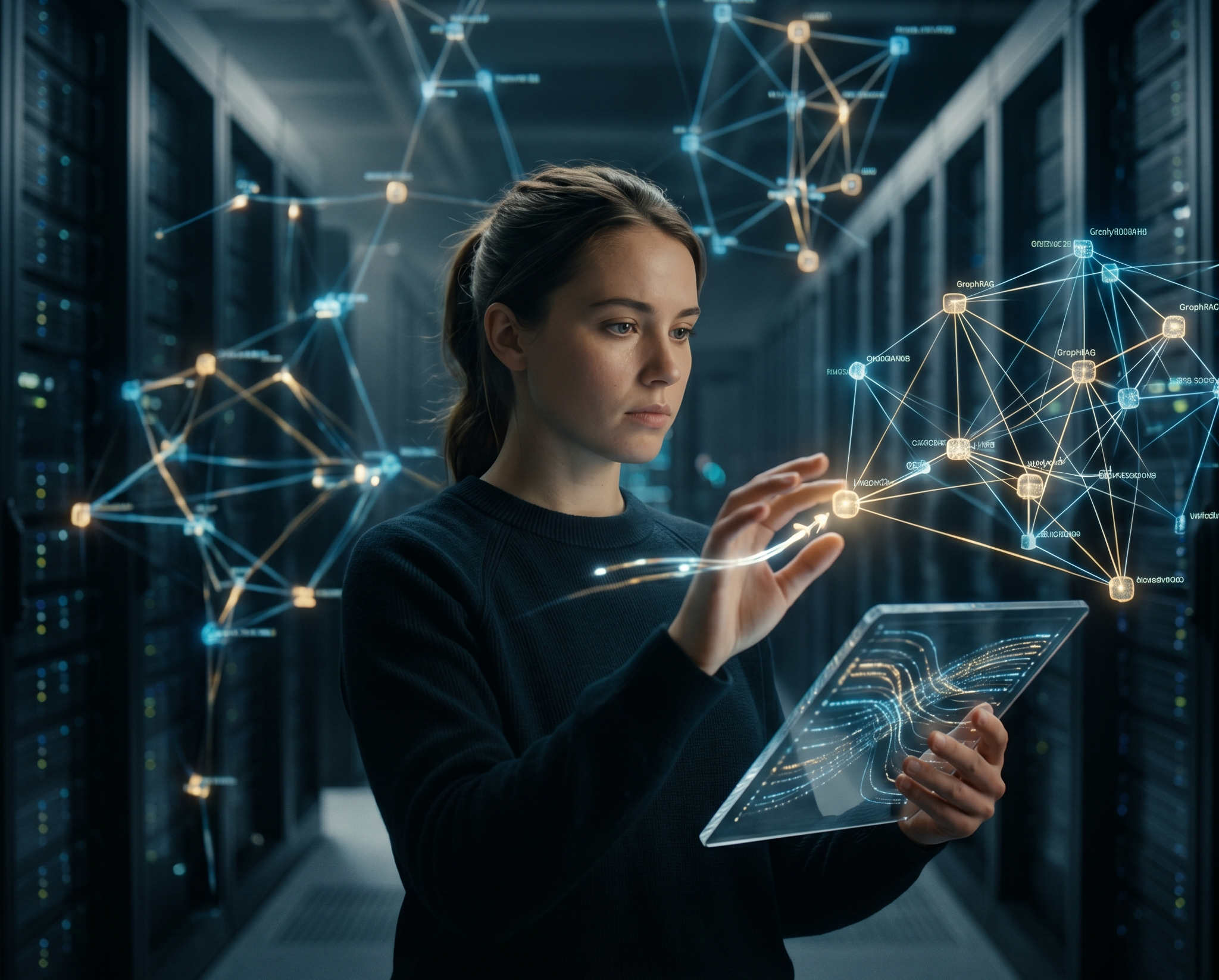 Een vrouw in een datacentrum die interactie heeft met een lichtgevend, complex netwerk van datapunten op een transparant scherm.