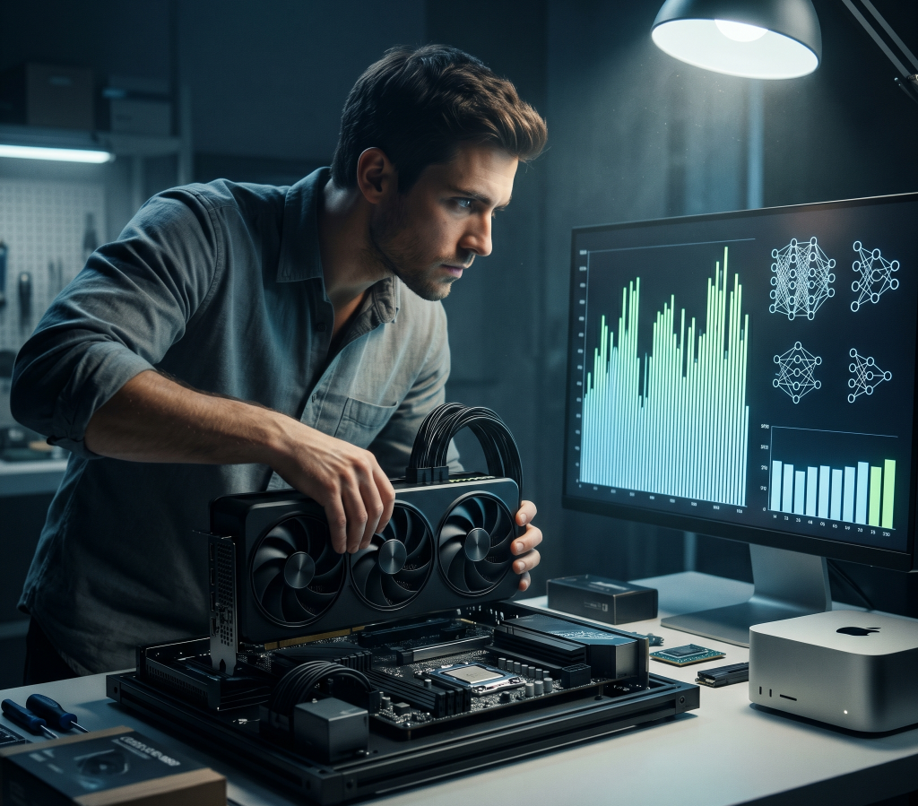 Een professional configureert een geavanceerd lokaal AI-werkstation door een krachtige grafische kaart te installeren naast een Mac Studio, terwijl een monitor neurale netwerkdiagrammen en prestatiegrafieken weergeeft.