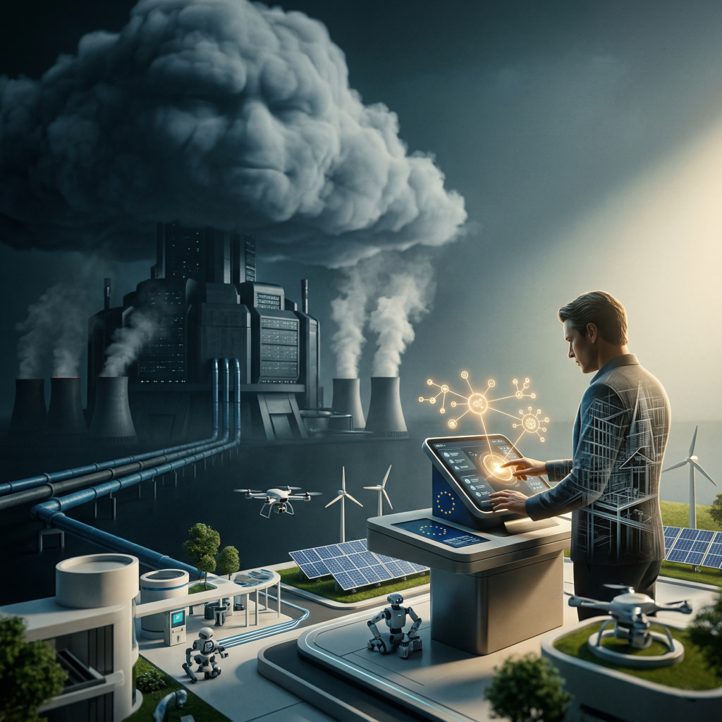 Contrast tussen een imposant, grijs cloud-datacenter en een verlichte, lokaal gestuurde duurzame toekomst.