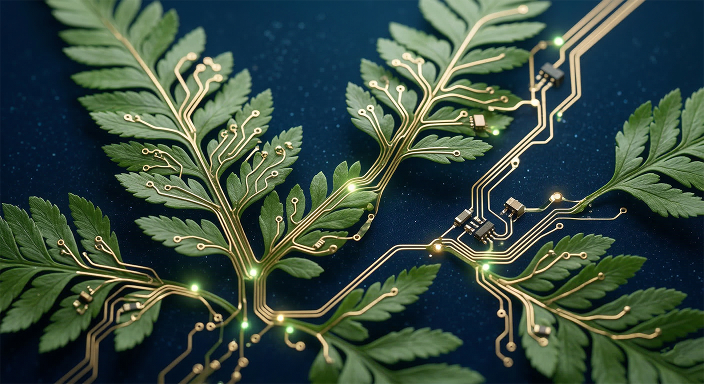 Eco-friendly AI, circuitry verweven in de natuur